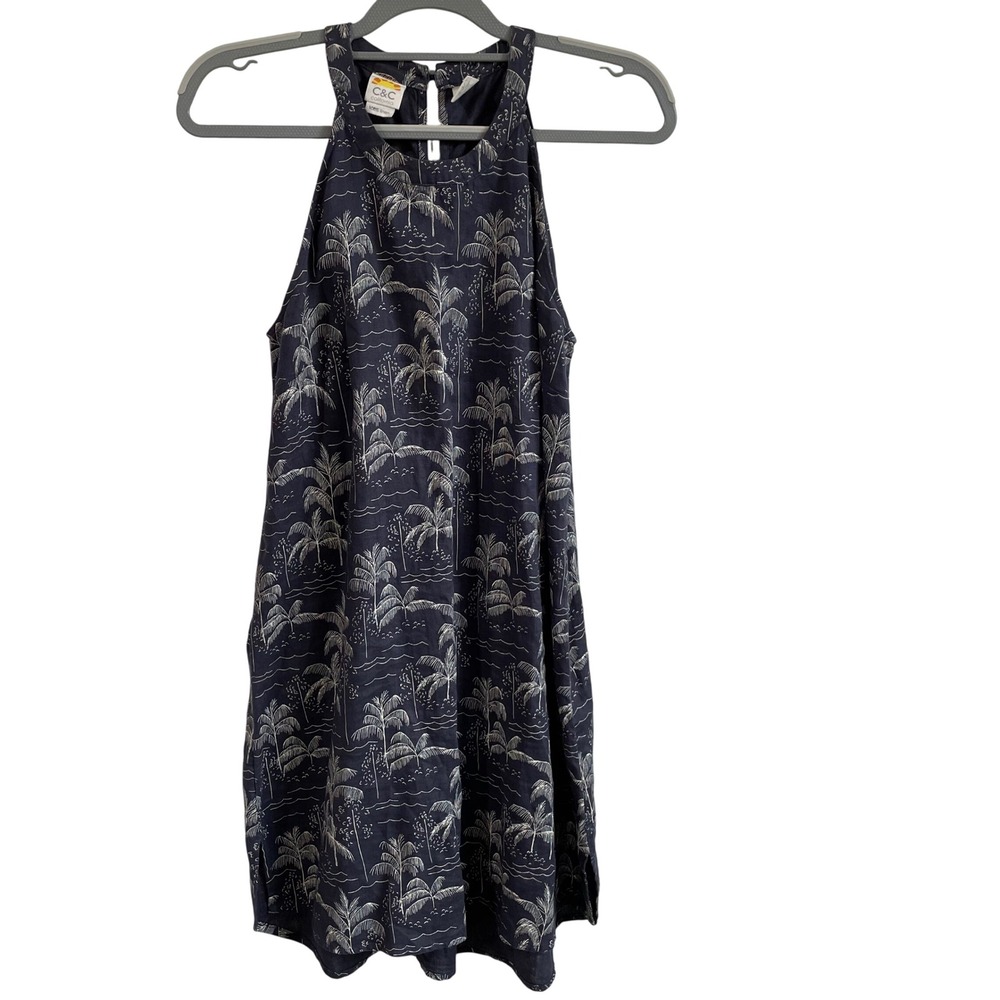 C&C California Linen Halter Dress Palm Print Sleeveless Casual Summer‎ Small